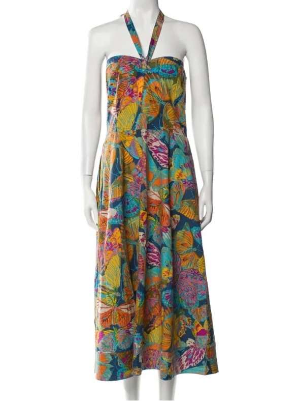 Caroline Constas Multi Colored Butterfly Print Halter Top 100% Cotton Dress